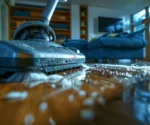 Staubsauger in Nahaufnahme, der einen stark verschmutzen Boden reinigt – für hygienische Sauberkeit in Gewerbe- und Geschäftsräumen.