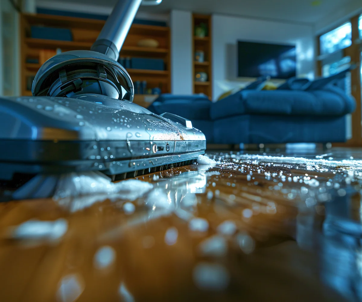 Staubsauger in Nahaufnahme, der einen stark verschmutzen Boden reinigt – für hygienische Sauberkeit in Gewerbe- und Geschäftsräumen.
